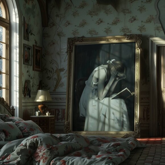 Original Dark Literary Art Print + Digital Copy, Woman Reading - Picture 5 of 10